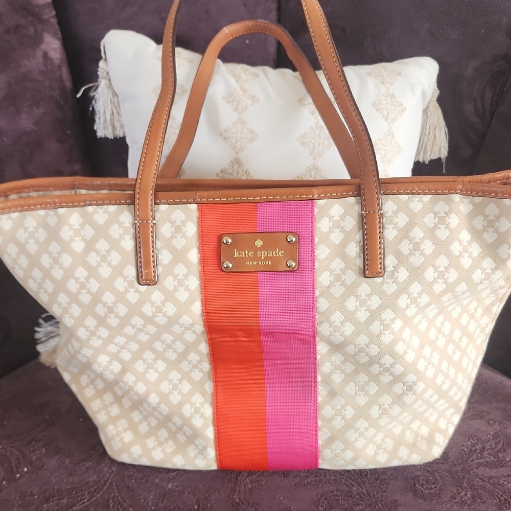 Kate Spade Tan Tote with Red and Pink Stripe